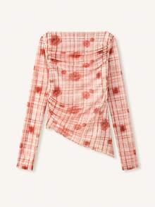 lacRébo Autumn Pink Checked Mesh Fitted Top With Floral Print, Side Ruching, And Asymmetric Hem Spring Women Clothes Spring Summer Office Top Going Out Top - Multicolor - View 7