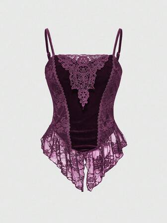 Goth Camisole en velours sombre et dentelle contrastée pour Halloween
