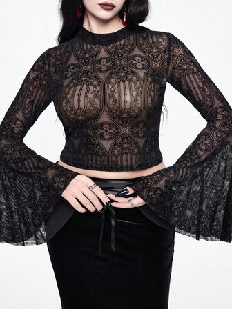 Große Größen Gothic inspirierte durchsichtige Bluse mit weiten Ärmeln und Rüschen für Damen