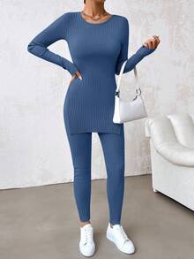 EURMUSE 2pcs Women Casual Commuting Solid Color Ribbed Slit Hem Fitted Long Sleeve T-Shirt And Pants Set, Spring/Autumn - Dusty Blue - View 3
