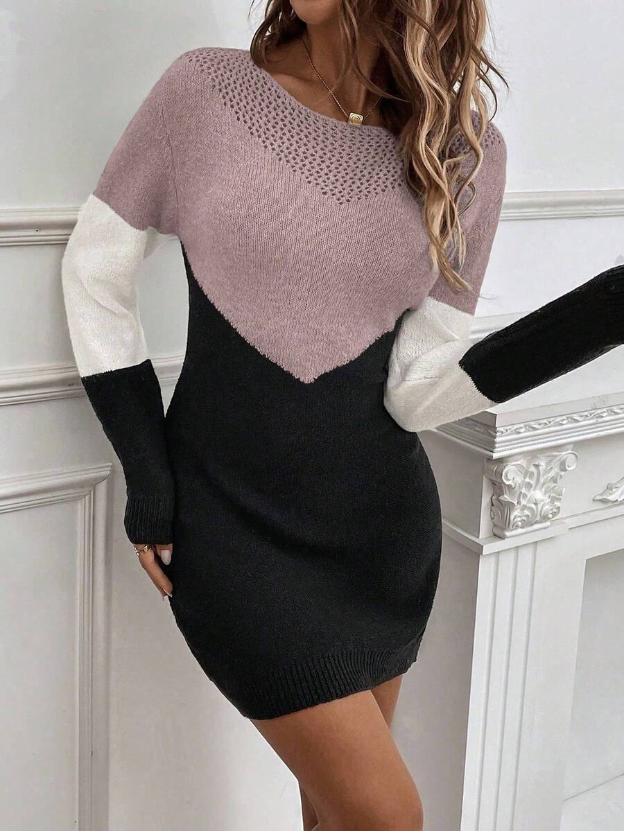 EMERY ROSE Rochie tip pulover mulată, casual, cu imprimeu color block, pentru femei, toamnă/iarnă - Mov Mov - Vizualizare 1