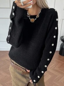 DAZY Women's Casual Solid Color Button Decorated Sweater, Autumn - Black - View 1