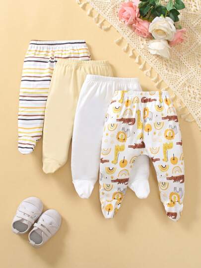 SHEIN Playful Pals 4 st/set nyfödda unisex baby enfärgade och randiga fotbollsbyxor, bekväma för vardagsbruk, sport, hemkläder, vår och höst