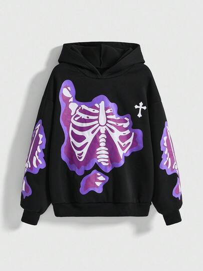 ROMWE Avant Sweat-shirt à capuche en dentelle avec motif squelette bizarre et oreilles de lapin mignon, coupe ample