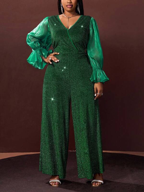 Slaydiva Conjunto de mujer talla grande para otoño/invierno 2025, estilo callejero Y2K, para cita, trabajo, oficina, aeropuerto, fiesta, elegante, cóctel, punk, mono ancho de cintura con volantes y mangas de farol con empalme metálico de talla grande