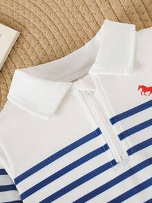 SHEIN 2pcs Boys Casual Blue & White Striped Polo Collar Outfit, Horse Embroidery Top + Elastic Cuff Pants, Autumn/Winter