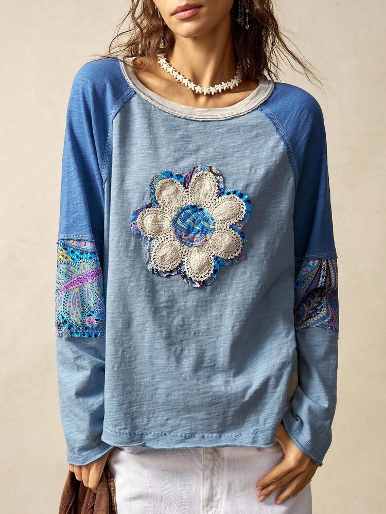 Bohemela Autumn/Winter BOHO Vacation Casual Patchwork Long Sleeve Loose Washed Women Graphic T-Shirt Blue Hippie Blue Floral Top Blue Long Sleeve Top Blue Graphic Shirt - Multicolor - View 4