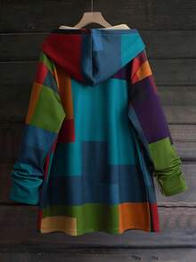 Linhara Giacca lunga con cappuccio in pile composito a quadri colorati digitali per taglie forti da donna - Multicolore - Visualizzare 2