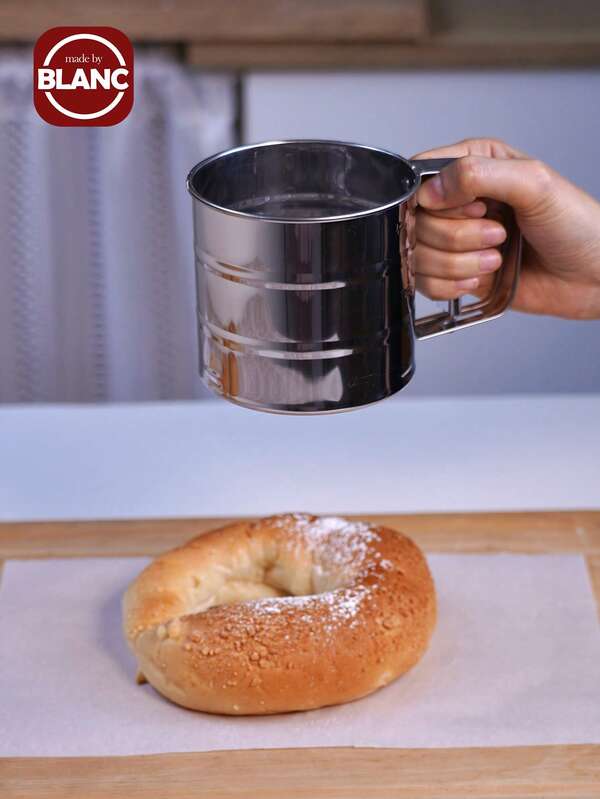 1 pieza Tamiz de harina de acero inoxidable, tamiz de azúcar en polvo automático de mano plateado, tamiz de horneado agitado