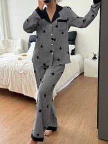 Dream Adore Contrast Color Collar Bubble Wrinkle Heart Striped Long Sleeve & Pants Women Pajama Set Curve Pajamas Women Pajamas Set Women Sleepwear Button Up Pajamas Women Women Plus Sleepwear, Fall Clothes