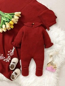 SHEIN 3pcs Newborn Baby Girl Outfit Set: Embroidered Peter Pan Collar Jumpsuit, Hat, And Knit Blanket Red Newborn Dress Red Baby Outfits Cherry Baby Outfit Dress Christmas For Baby Girl Christmas Outfit Dress Christmas For Baby Gil