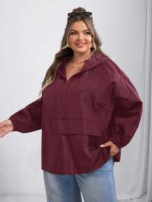 SHEIN CURVE+ 大码女式纯色落肩长袖拉链半开襟连帽休闲夹克，秋冬秋季/秋冬