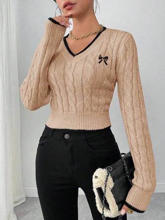 LanaWest 秋冬时尚蝴蝶刺绣V领粗针织女套头衫