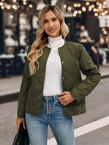 EMERY ROSE Abrigo acolchado con botones para mujer, cálido para otoño/invierno - Verde militar - Ver 3
