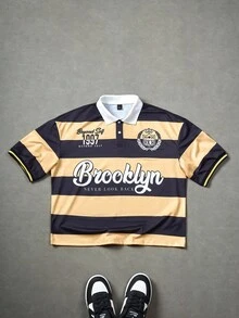 Manfinity Sporsity Men's Letter & Striped Print Casual Short Sleeve Polo Shirt