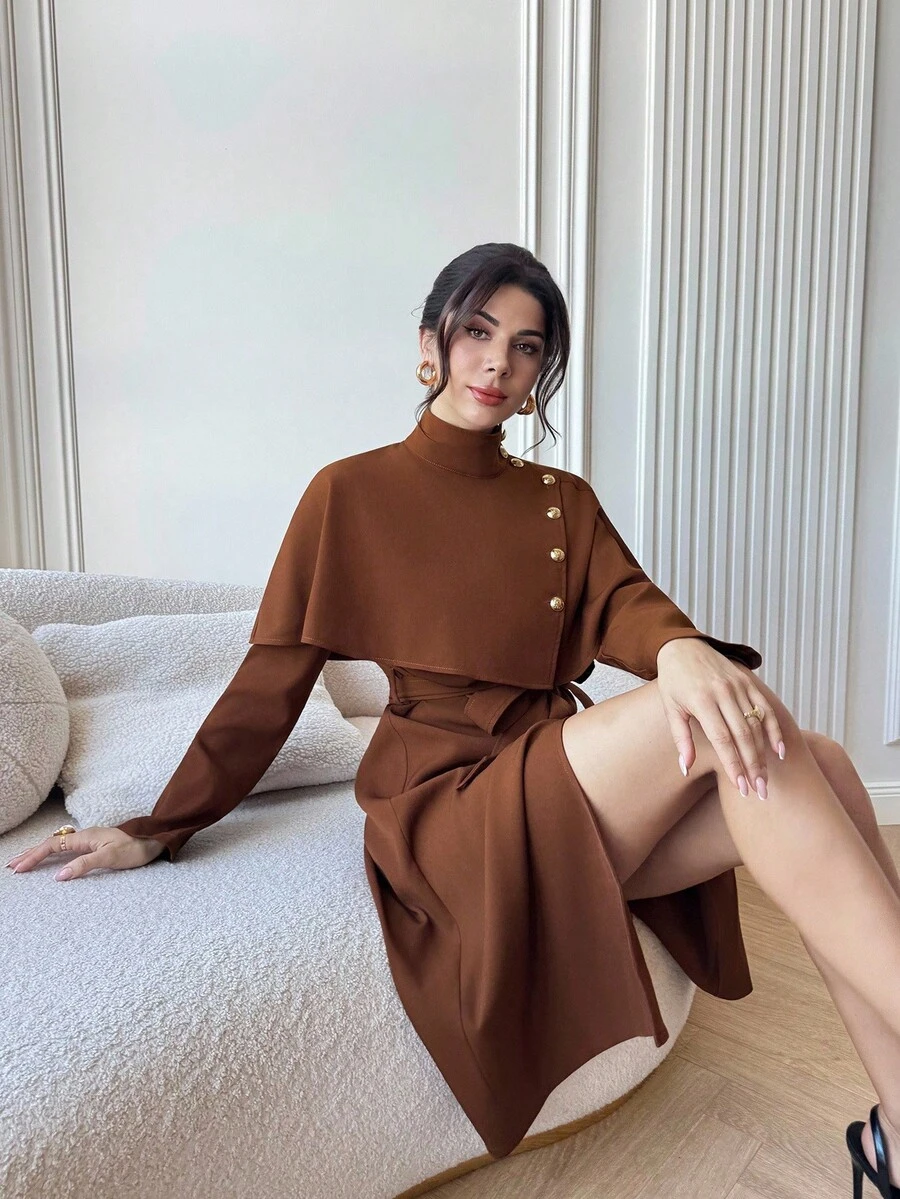 Firerie Women's Elegant, Refined, Dignified Daily, Street Fashion, Commute, Teacher Cape-Style With Belt, Metal Button Decor A-Line Mid-Length Camel Regular Coat, Autumn Winter For Women Coffee Brown French Style - Camel - View 1