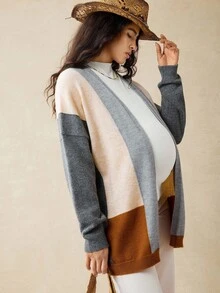 Boho Mama 孕妇拼色长袖开襟休闲宽松针织开衫，秋冬 - 彩色 - 查看 4
