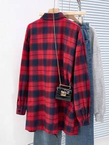 SHEIN Plus Size Casual Plaid Dropped Shoulder Loose Shirt, Autumn - Multicolor - View 2
