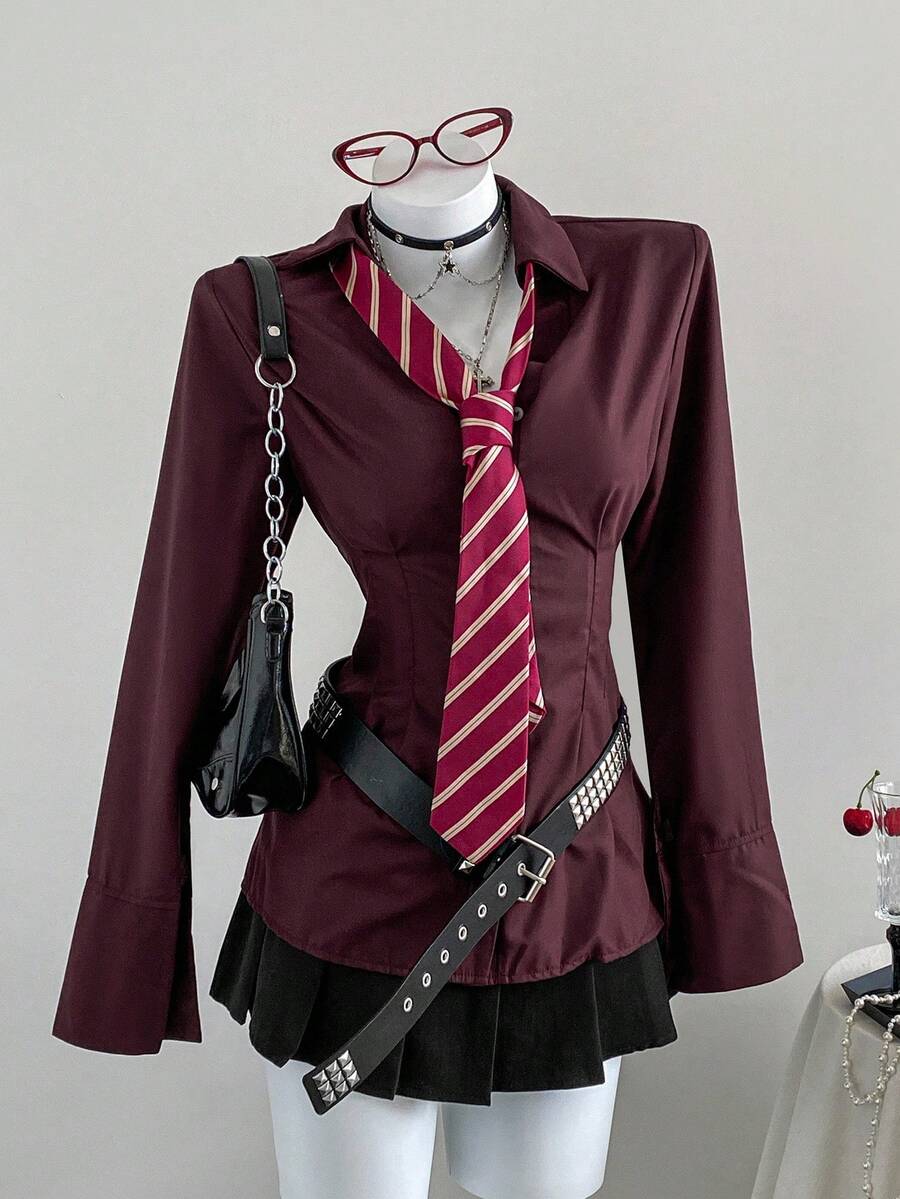 SHEIN Unity 女式纯色前扣长袖休闲衬衫