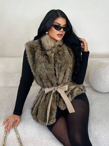 SHEIN SXY 女士优雅无袖系带仿皮草外套，秋冬奢华马甲复古蝴蝶结女式外套，冬季女装 - 杏色 - 查看 3