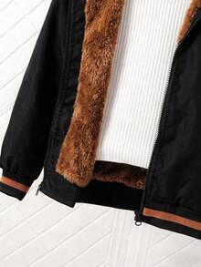 Girls' Solid Color Zip-Up Jacket With Thermal Lining And Embroidered Decor, Comfortable And Versatile Autumn/Winter Outerwear - Brown - View 3