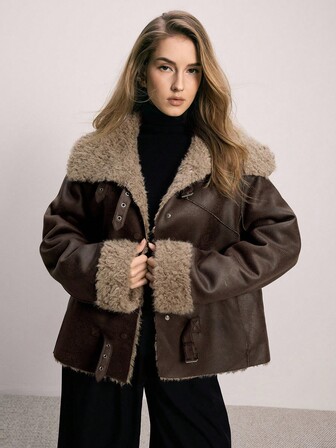 ATUI Studio 女式人造毛皮夹克，皮革复合夹克，时尚通勤，简约都市，百搭，秋冬时尚单品，假日氛围装