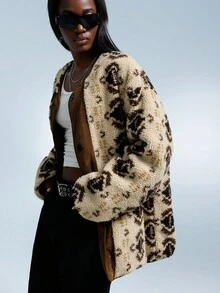 GENKIRA 女士复古拼布腰果花图案抓绒面料宽松休闲圆领长袖厚棉夹克外套，适合日常通勤，秋冬必备 - 杏色 - 查看 1