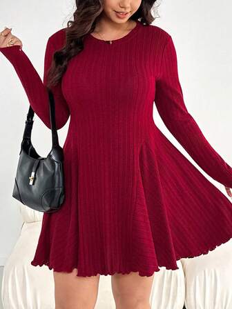 SHEIN Essnce Vestido corto de manga larga, cintura hundida, cómodo y suelto, de estilo casual de otoño e invierno para mujer de talla grande, color vino tinto, atuendos de otoño, vestido curvilíneo, estilo sencillo, vestido de Año Nuevo para mujer, vestido de Navidad