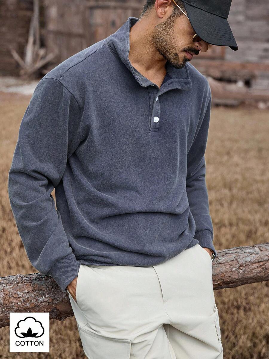 Manfinity Nomadique Men Solid Color Minimalist Casual Long Sleeve Pullover Sweatshirt, Fall