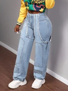 BamGleam Jeans casuales anchos de cintura alta con bolsillos y diseño deshilachado para mujer - Lavado ligero - Ver 3