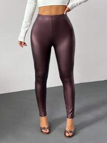SHEIN PETITE Ladies PU Leather High Elastic Leggings Trousers
