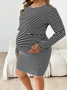 SHEIN 大码孕妇休闲条纹圆领长袖连衣裙，秋季 - 黑與白 - 查看 6