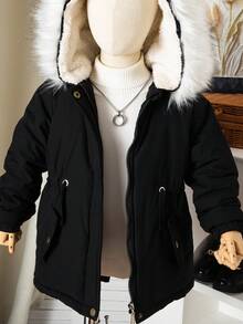 SHEIN 女童加厚派克大衣，时尚连帽，仿皮草领，拉链开合，腰部抽绳，口袋，百搭，适合秋冬 - 黑色 - 查看 6