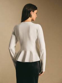 Poéselle 女式优雅荷叶边下摆金属单排扣长袖开衫，秋季 - 白色 - 查看 2