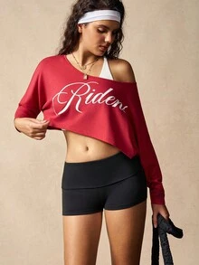 VARSIVA 女式字母印花长袖短款运动T恤 - 紅色 - 查看 4