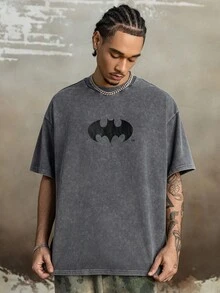 BATMAN X SHEIN Men's Casual Bat Print Round Neck Short Sleeve T-Shirt, Summer