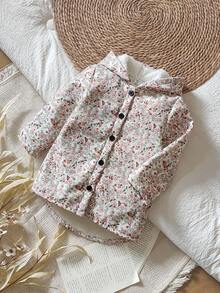 SHEIN Vintaside Kids 年轻女孩的碎花保暖内衬连帽纽扣夹克，时尚休闲，适合日常穿着