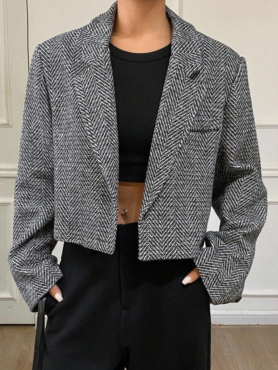 DAZY 女士人字纹面料短翻领修身都市休闲西装外套商务装 - 黑色 - 查看 1