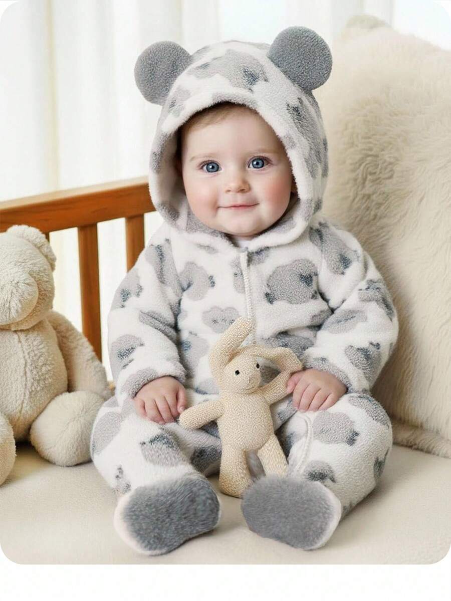 新生女婴可爱毛茸茸卡通图案连帽连体衣，秋冬 - 米色 - 查看 1