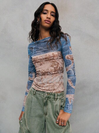 TypaGal Women's Casual Fashionable Street Patchwork Print Boat Neck Long Sleeve Slim Fit Top, Spring/Autumn