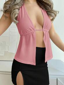 Jemour Summer Front Slit, Backless, Knotted Halterneck Beach Top