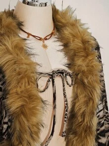 SHEIN ICON Plus Size Leopard Print Fur Collar Decor Vintage Cardigan Jacket, Y2K Retro Leopard Print Jacket Autumn Winter Clothes For Women - Multicolor - View 3
