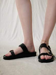 Solecia Casual Black Flat Sandals With Metal Square Buckle, Perfect For Vacation Spring Shoes Spring Break Easter For Christmas - Black - View 9