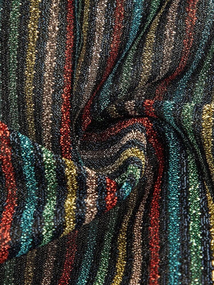 Top enveloppant à manches longues avec rayures multicolores métalliques pour le printemps et l'été. Top de bureau décontracté pour femmes, idéal pour une soirée ou une fête. Top brillant de style français parisien pour le Nouvel An