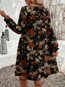 EMERY ROSE Abito midi casual da donna a maniche lunghe con collo rotondo e stampa a foglie d'acero, adatto per l'autunno/inverno - Multicolore - Visualizzare 2