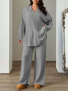 EURMUSE Plus Size 2pcs/Set Solid Color Turn-Down Collar Sweater And Long Pants Outfit - Grey - View 6