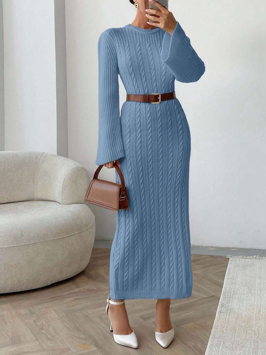 SHEIN Vestido de suéter con patrón de cable para otoño e invierno - Azul - Ver 1