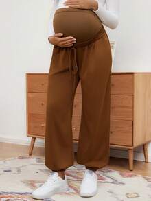 SHEIN Pantalones de chándal holgados de maternidad de unicolor con cordón ajustable en la cintura - Marrón - Ver 3
