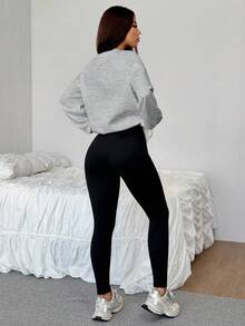 SHEIN EZwear 2件套小马印花图案宽松圆领运动衫和紧身打底裤，秋冬 - 彩色 - 查看 2