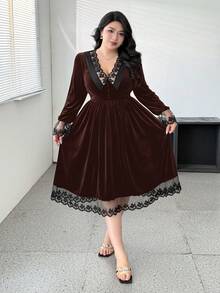 Flirla 优雅V领蕾丝拼布腰部公主长袖连衣裙 - 棕色 - 查看 4
